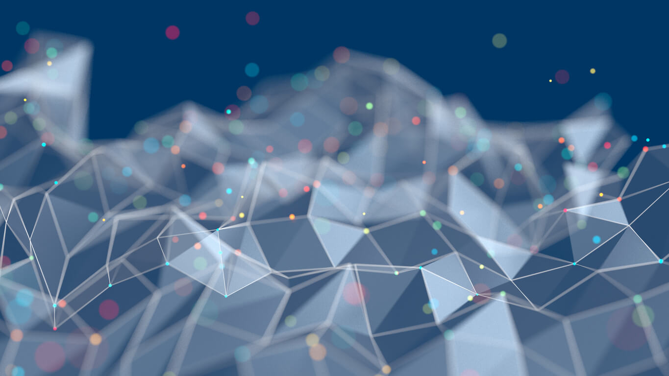 Abstraktes Netzwerkdesign mit farbigen Punkten auf einem polygonalen Hintergrund, symbolisiert digitale Konnektivität.