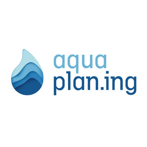 Aqua Plan.ing Logo: Blaue Wassertropfen-Illustration mit Markenname in modernem, hellblauem und dunkelblauem Schriftzug.