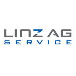 Linz AG Service Logo in Grau und Blau, Unternehmensidentität, moderner Schriftzug.