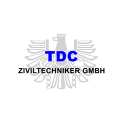 TDC Ziviltechniker GmbH Logo: Schwarzer Adler und blauer Schriftzug auf weißem Hintergrund.