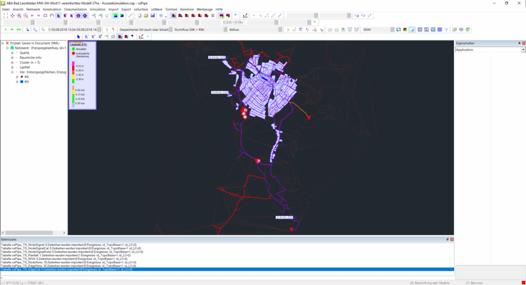Computersimulation zur Strömungsanalyse in einem Wasserleitungennetzwerk mit visualisierten Flussgeschwindigkeiten.