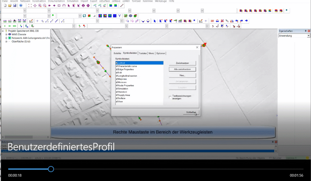 Software-Oberfläche mit Anpassungsfenster für Symbolleisten und Werkzeugeinstellungen.