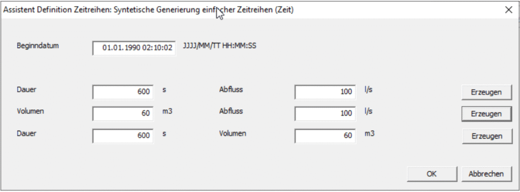 Dialogfenster zur Definition synthetischer Zeitreihen mit Eingaben für Datum, Dauer, Volumen und Abfluss.