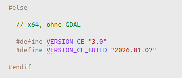 Code-Snippet zeigt Softwareversion 3.0, Build-Datum 2026.01.07, x64 ohne GDAL Unterstützung.