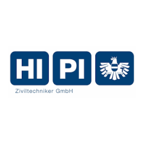 Logo der HIPI Ziviltechniker GmbH mit Schrift und Wappen auf blauem Hintergrund.