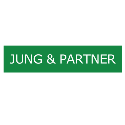 Logo von Jung & Partner in grüner rechteckiger Form mit weißem Text. Optimal für Unternehmensdarstellung und Branding.