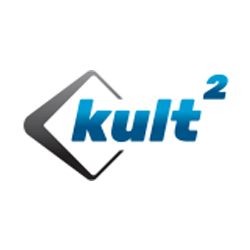 Logo mit blauem Schriftzug kult² auf dunklem, schattiertem Quadrat. Moderner, dynamischer Designstil.